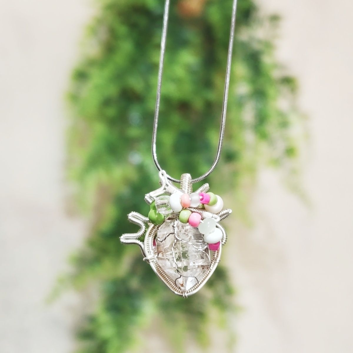 Handmade Wire-Wrapped Phantom Quartz Heart Pendant Necklace - Ethereal Forest Aesthetic, Luxury Niche Jewelry Gift