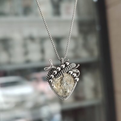 Handmade Citrine Quartz Raw Stone Wire-Wrapped Heart Pendant Necklace - Edgy Vintage Fashion, Viral Unisex Statement Piece